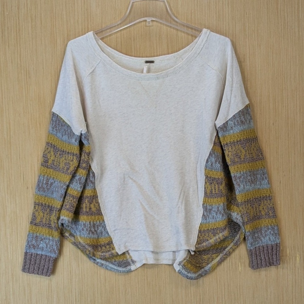 Free People Boho Indie Twee Thermal Knit Top Size XS Mixed Media Oversized Cozy